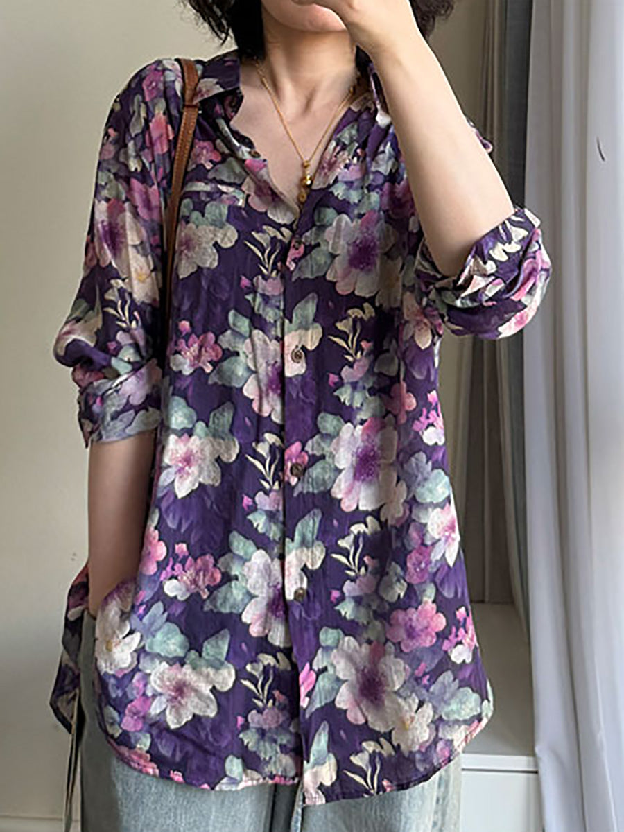 Women Summer Artsy Flower Turn-down Collar Long Sleeve Shirt