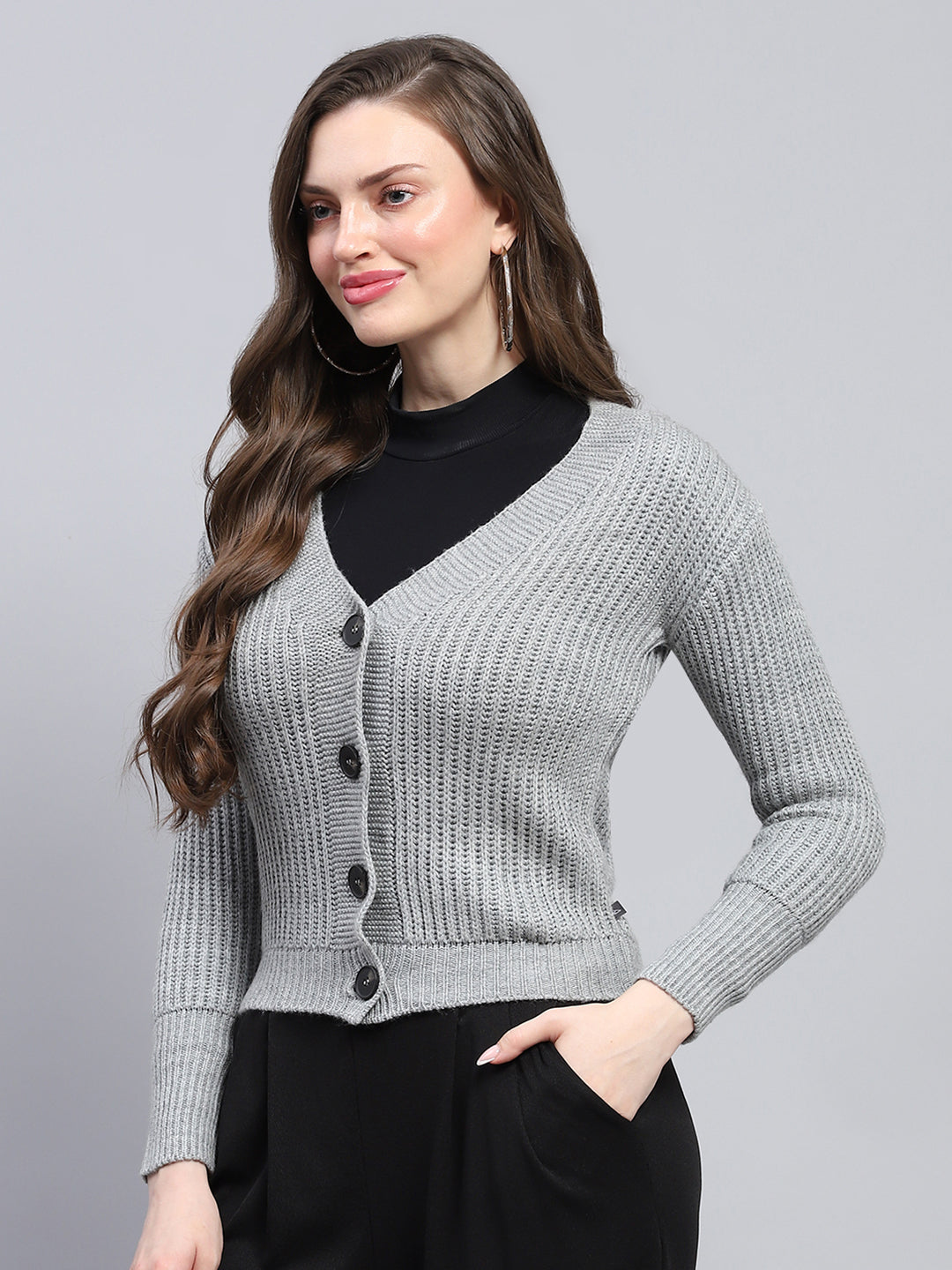 Women Grey Self Design V Neck Full Sleeve Cardigan