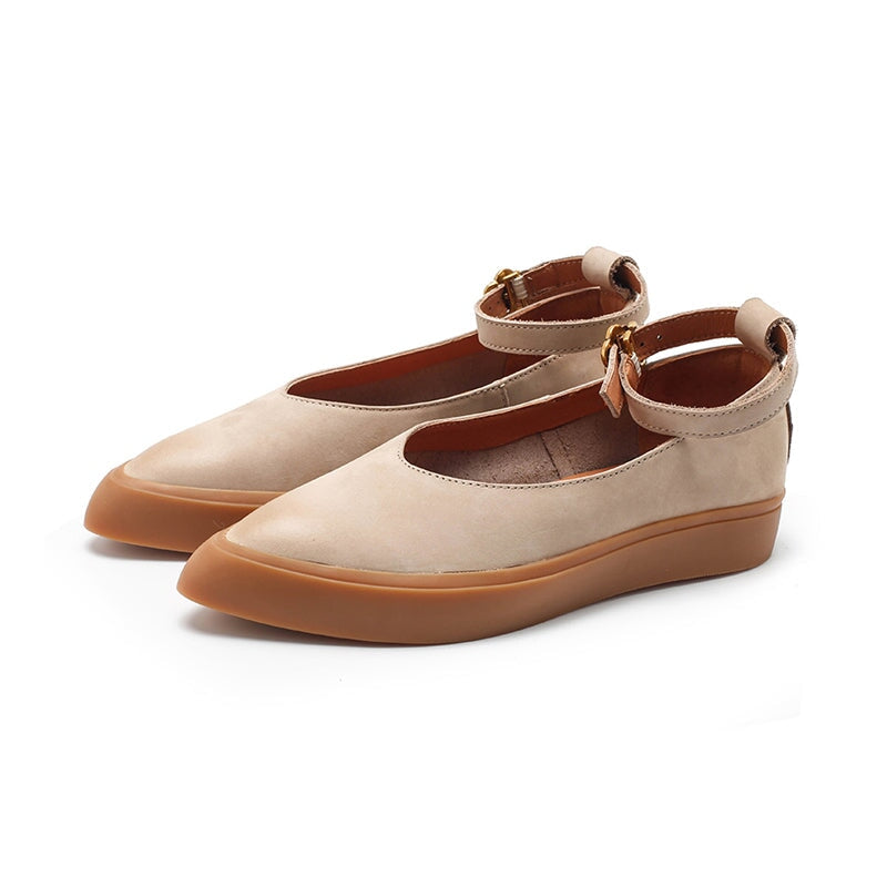 Nubuck Leather Flat Ankle Strap Mary Jane Shoes For Women Point Toe Witch Style in 5 Colors