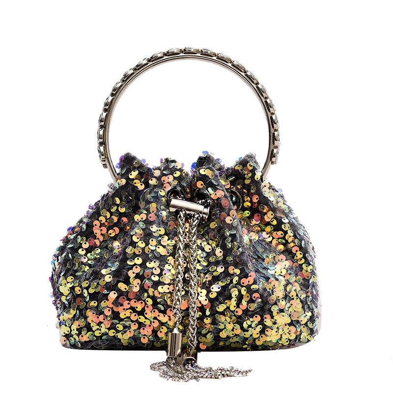 Women's Small Spring&summer Pu Leather Solid Color Fashion Sequins Bucket String Bucket Bag