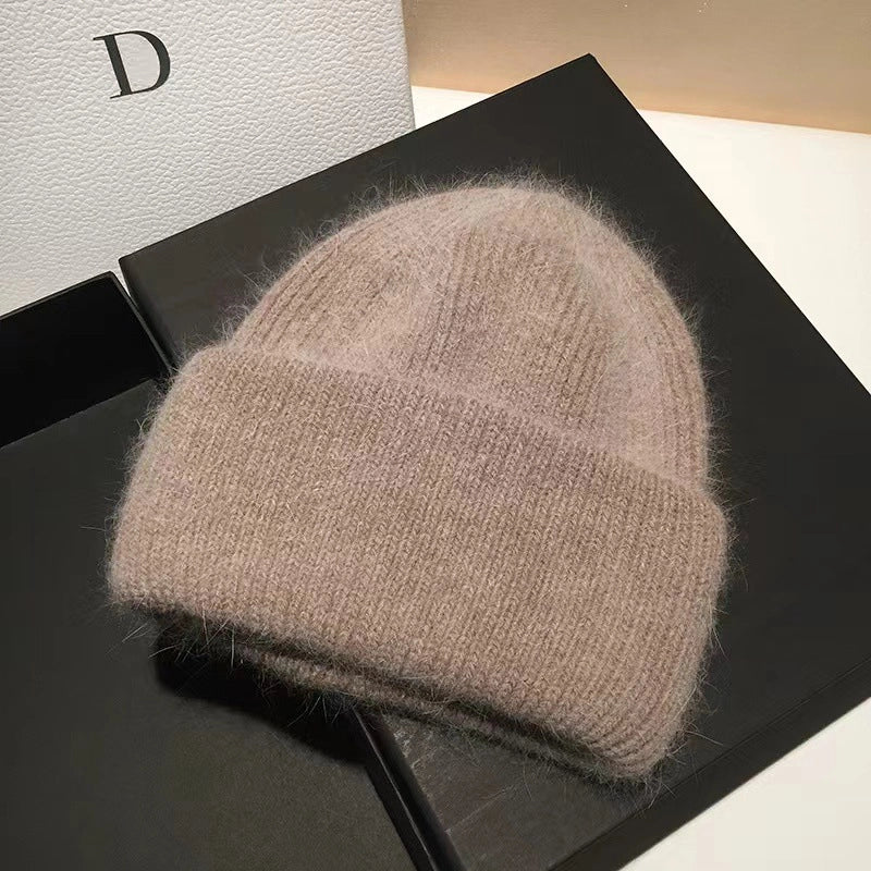 Japanese High-End New Rabbit Fur Knitted Woolen Cap Women's Fashion Autumn Winter Japanese Beanie Hat Thermal Head Cover Knitted Hat