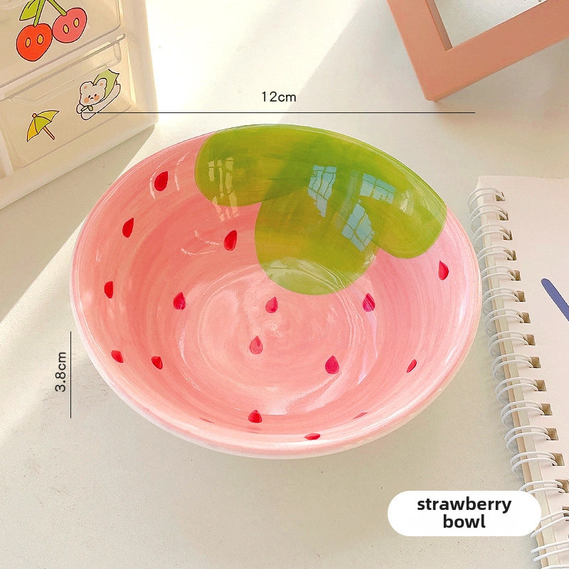 Strawberry Watermelon Cute Ceramic Bowl Long Handle Spoon Tableware Children's Cartoon Rice Bowl Soup Bowl Internet Celebrity Tableware