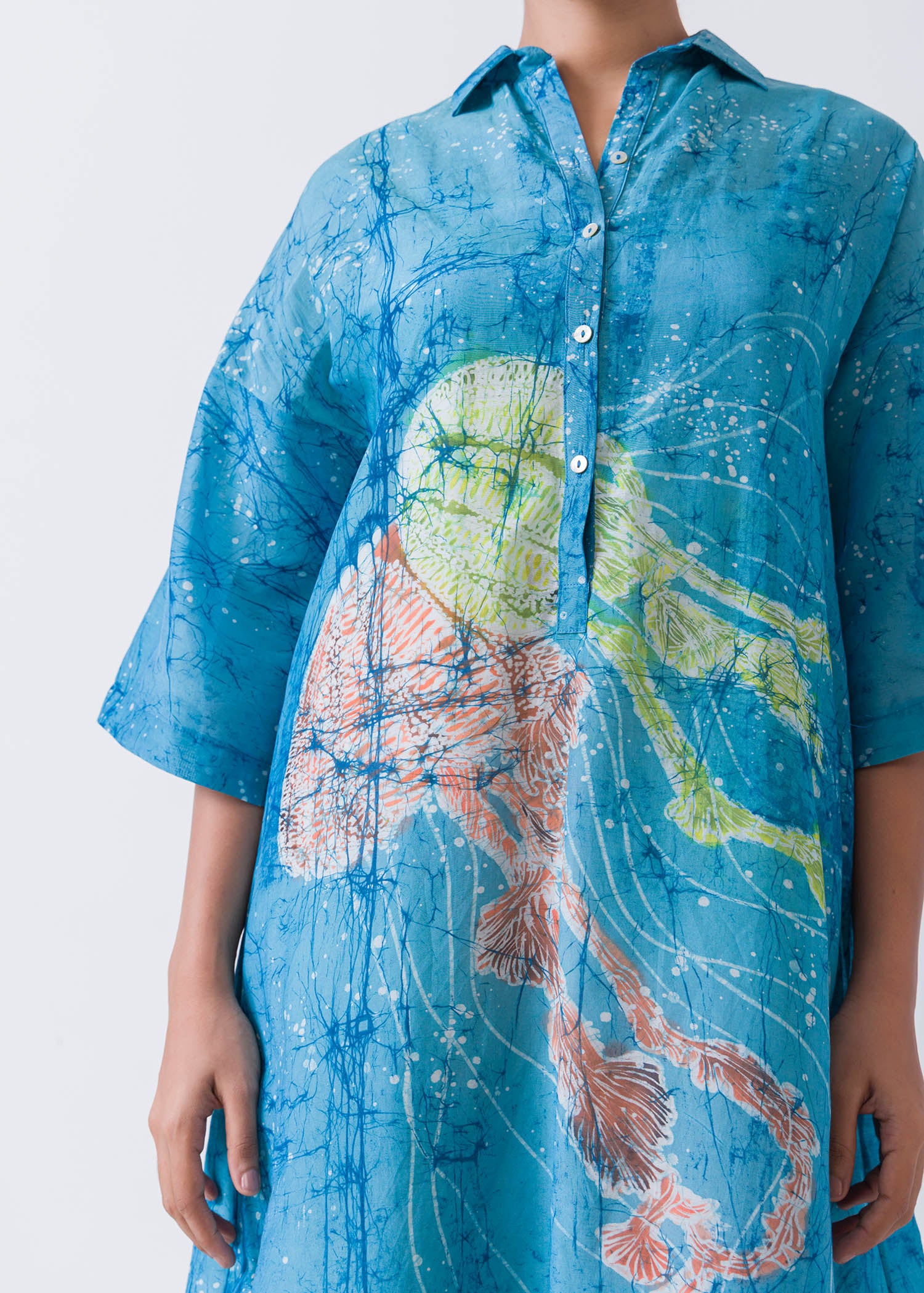 Jelly Fish Hand Painted Batik Short Placket Shirt dress