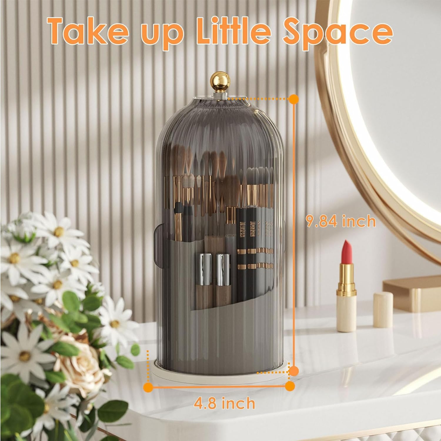 Makeup Brush Holder Organizer With Lid. 360° Rotating Makeup Brushes Organizer For Vanity Desktop Bathroom Countertop (Gray)