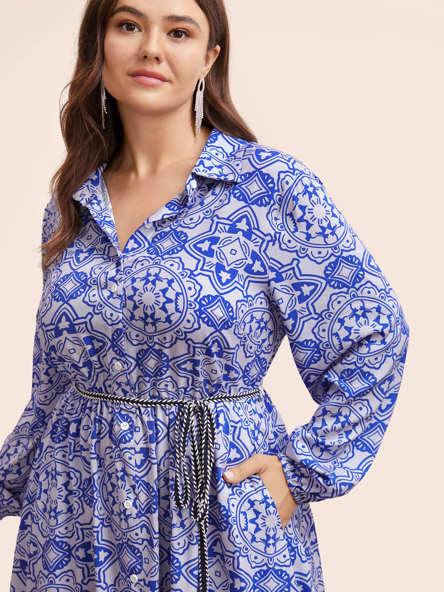 Bandana Print Shirt Collar Belted Midi Dress