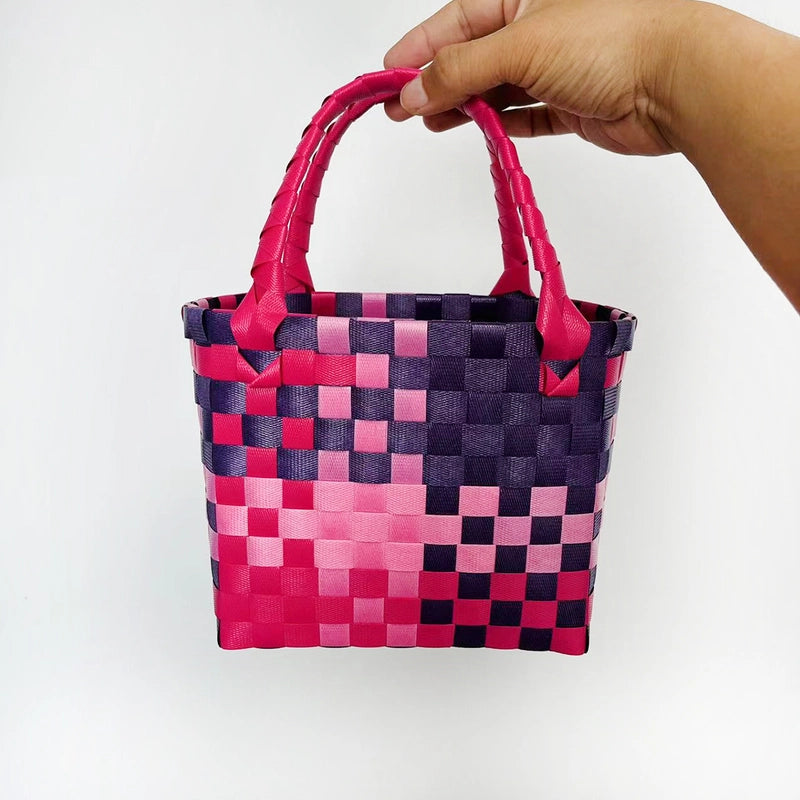 Women's PVC Color Block Plaid Vacation Weave Square Open Square Bag