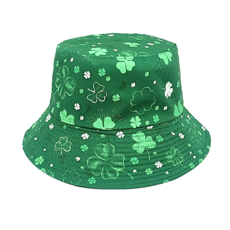 Unisex Retro Four Leaf Clover Printing Wide Eaves Bucket Hat
