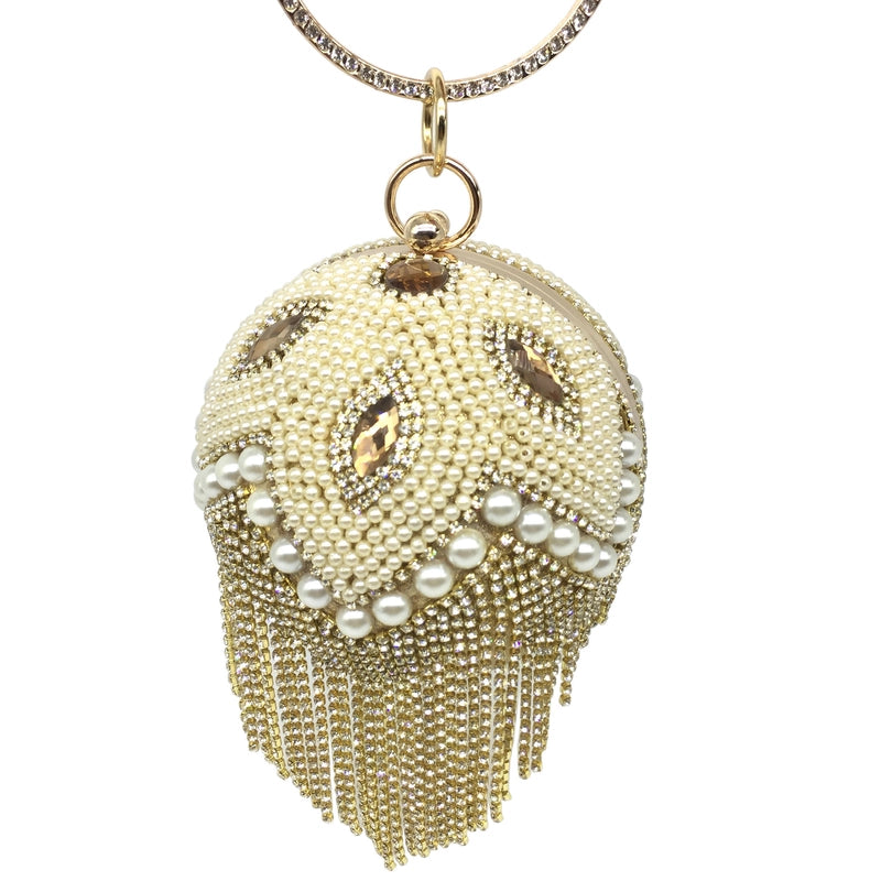 Gold Silver Rhinestone Solid Color Tassel Pearl Round Evening Bags
