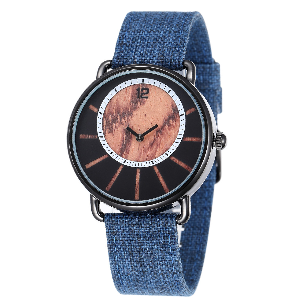 Classic Men's Quartz Watch Vintage Denim Strap Wooden Watch
