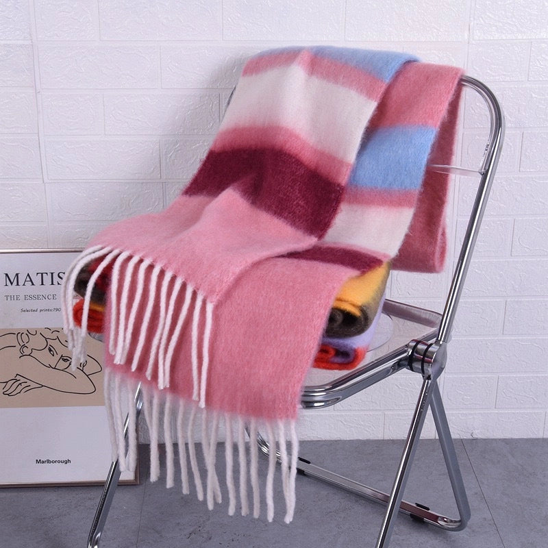 Gradient Horizontal Plaid Couple Scarf Mohair Scarf Winter Warm Thickened Lengthened Trendy White Scarf
