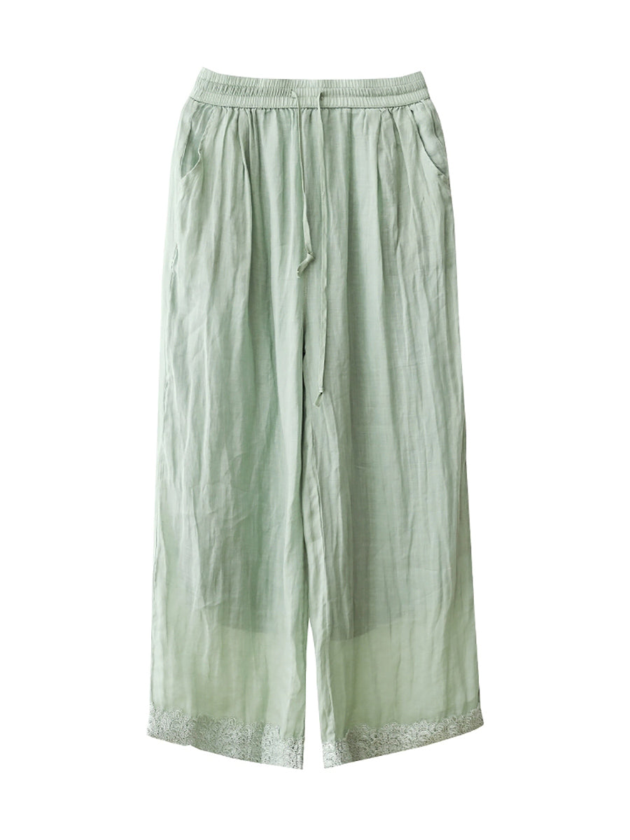 Women Summer Artsy Pure Color 100%Ramie Wide-leg Pants