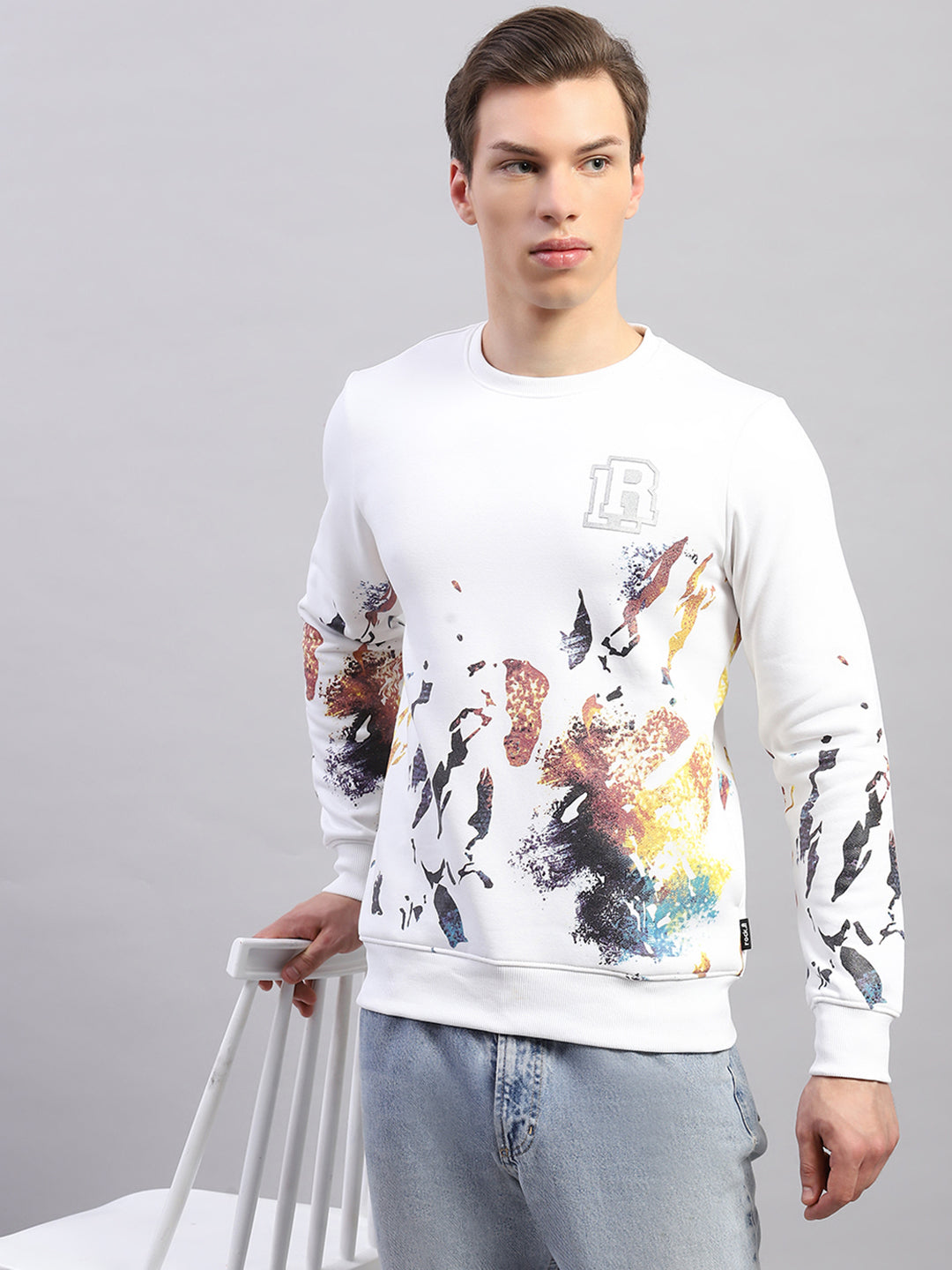 Men White Printed Round Neck Full Sleeve Sweatshirt