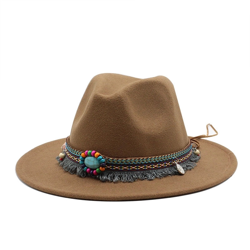 Designed Hot Sale Woolen Hat Women's Ethnic Style Retro Flat Brim Big Brim Jazz Hat