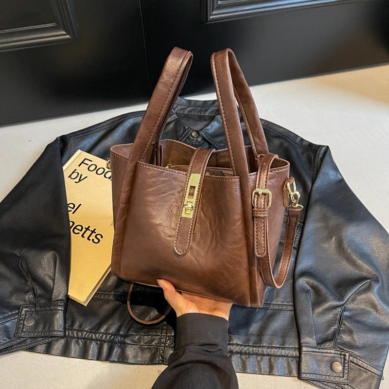 Women's Pu Leather Solid Color Basic Sewing Thread Bucket Lock Clasp Shoulder Bag Handbag Crossbody Bag