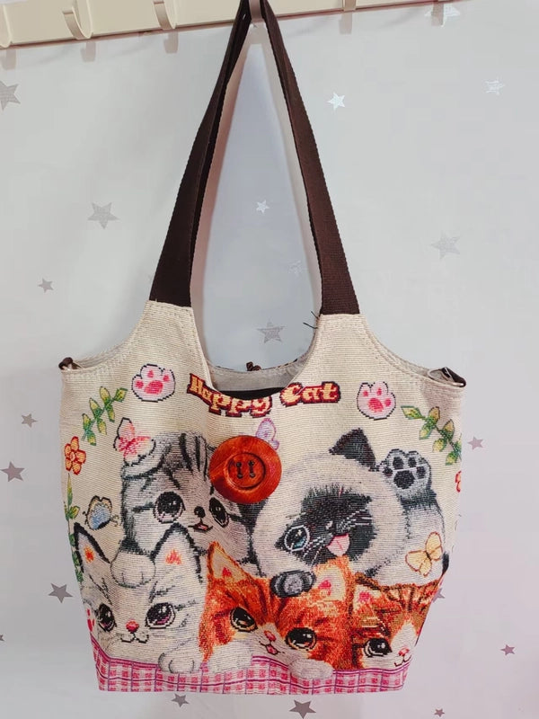 Women's Large Canvas Elephant Ethnic Style Square Zipper Shoulder Bag
