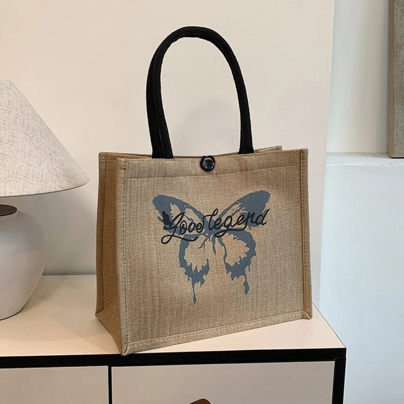 Women's Large Cotton And Linen Letter Butterfly Elegant Streetwear Square Lock Clasp Handbag