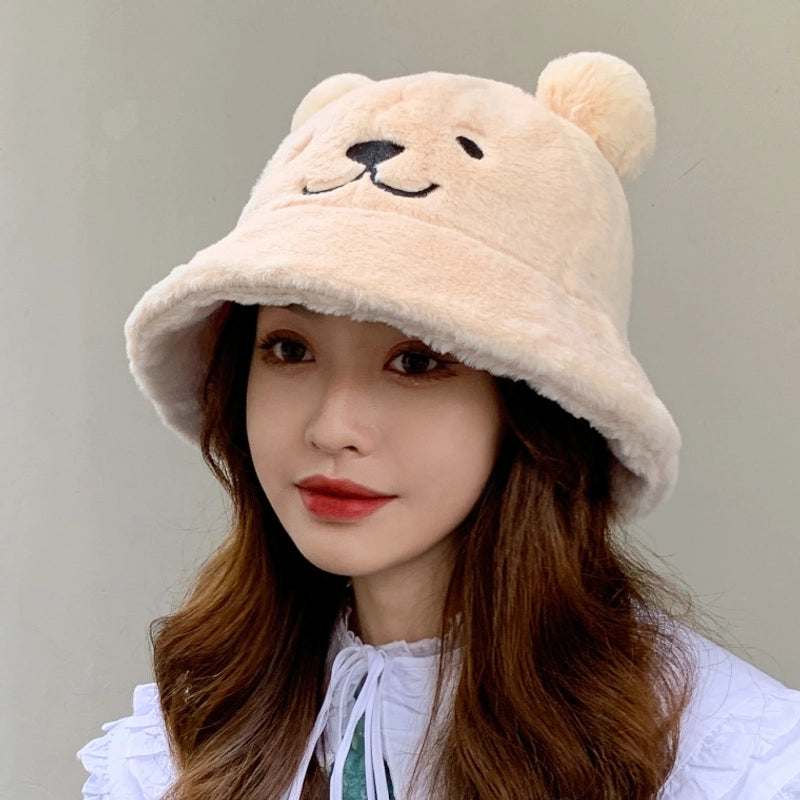 Fisherman Hat Women's Autumn And Winter Korean Style Trendy Bear Sweet Cute Lamb Plush Thickened Warm Ear Basin Hat