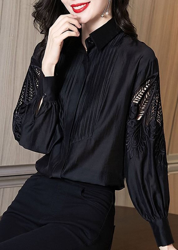 Stylish Black Embroidered Hollow Out Shirt Puff Sleeve Spring