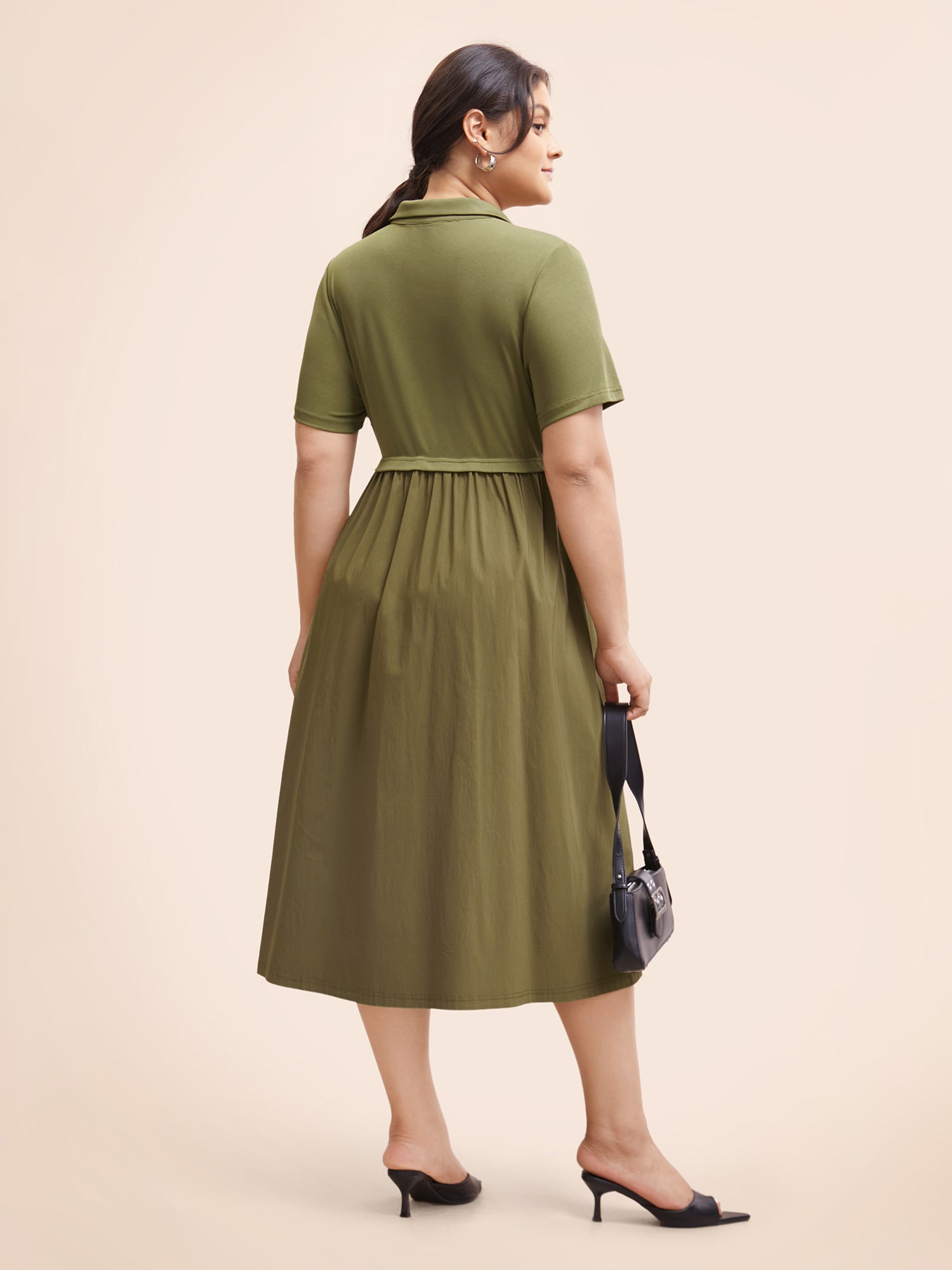 Stretch Woven Waist-Cinching Midi Dress