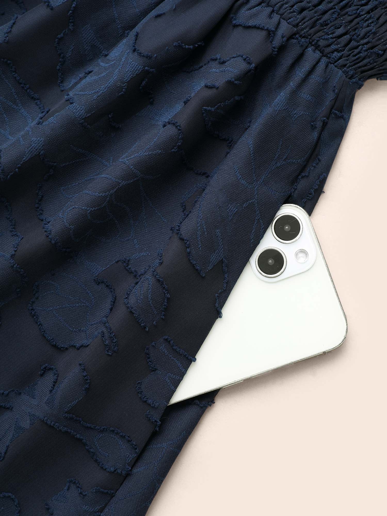 Solid Textured Shirred Elastic Waist Dress