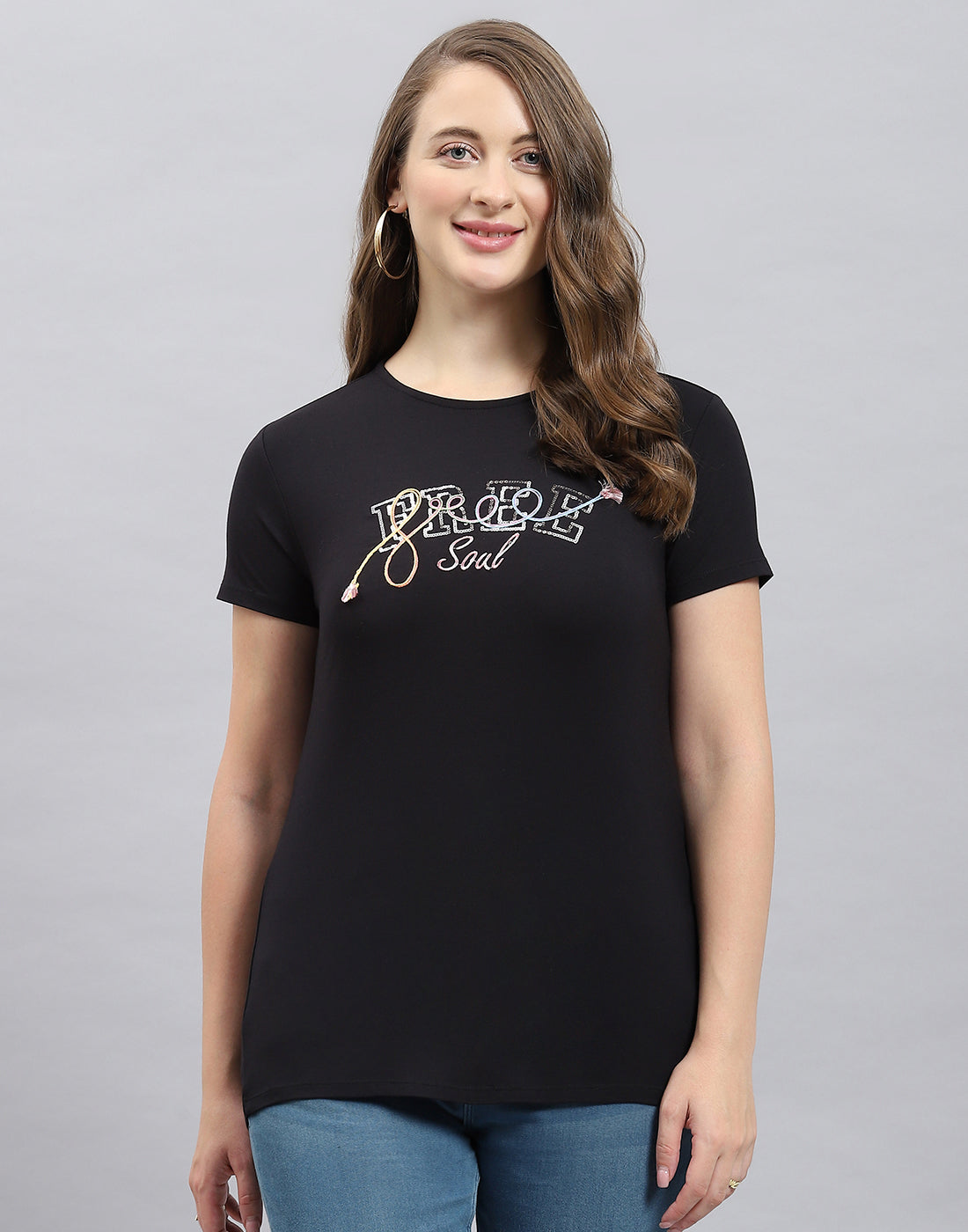 Women Black Solid Round Neck Half Sleeve Top