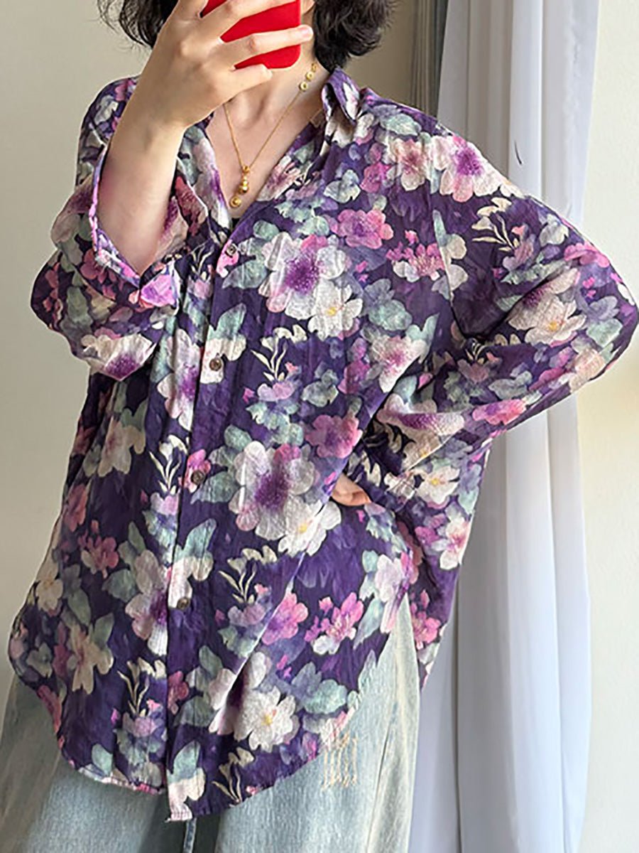 Women Summer Artsy Flower Turn-down Collar Long Sleeve Shirt