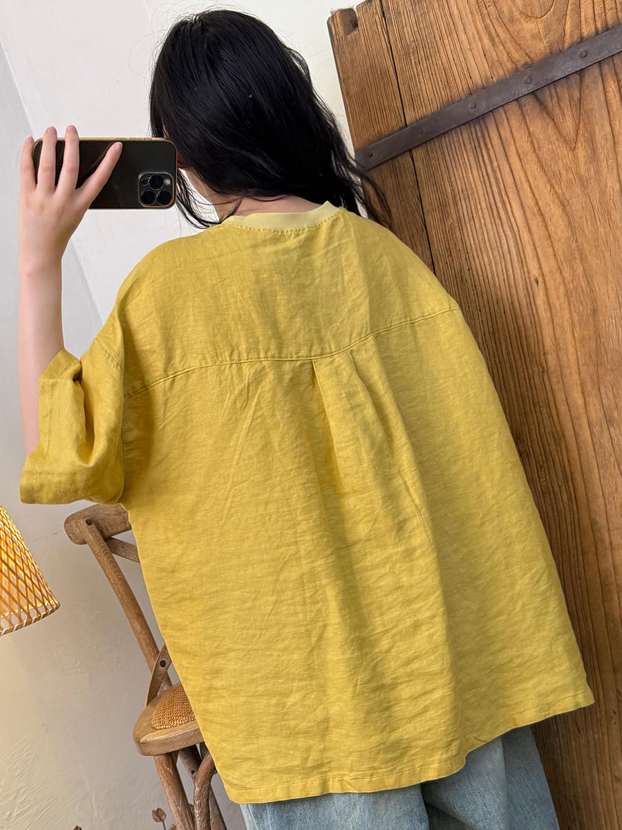 Women Summer Retro Pure Color O-Neck Linen Shirt