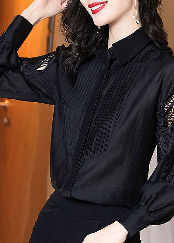 Stylish Black Embroidered Hollow Out Shirt Puff Sleeve Spring