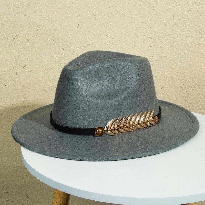 Unisex Retro Classic Style Leaves Solid Color Belt Buckle Wide Eaves Fedora Hat