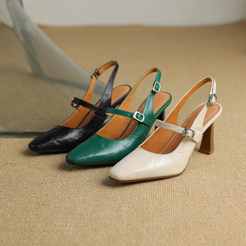 Elegant Square-Toe Slingback Pumps 80mm Kitten Heel Handmade Leather Sandals in Green/Black/Beige