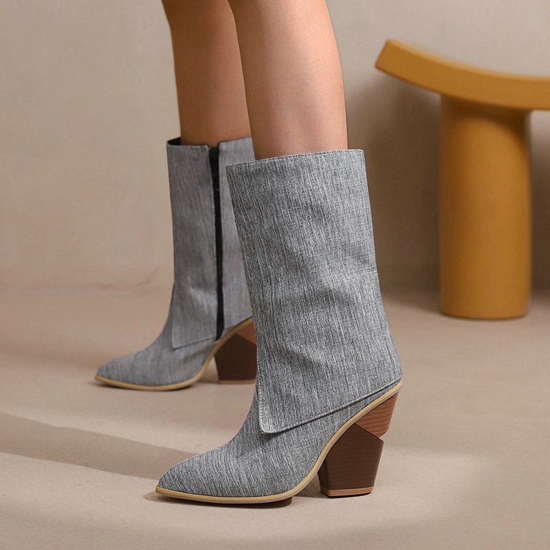 Snakeskin Print Zipper Fold Chunky Heels Western Boots