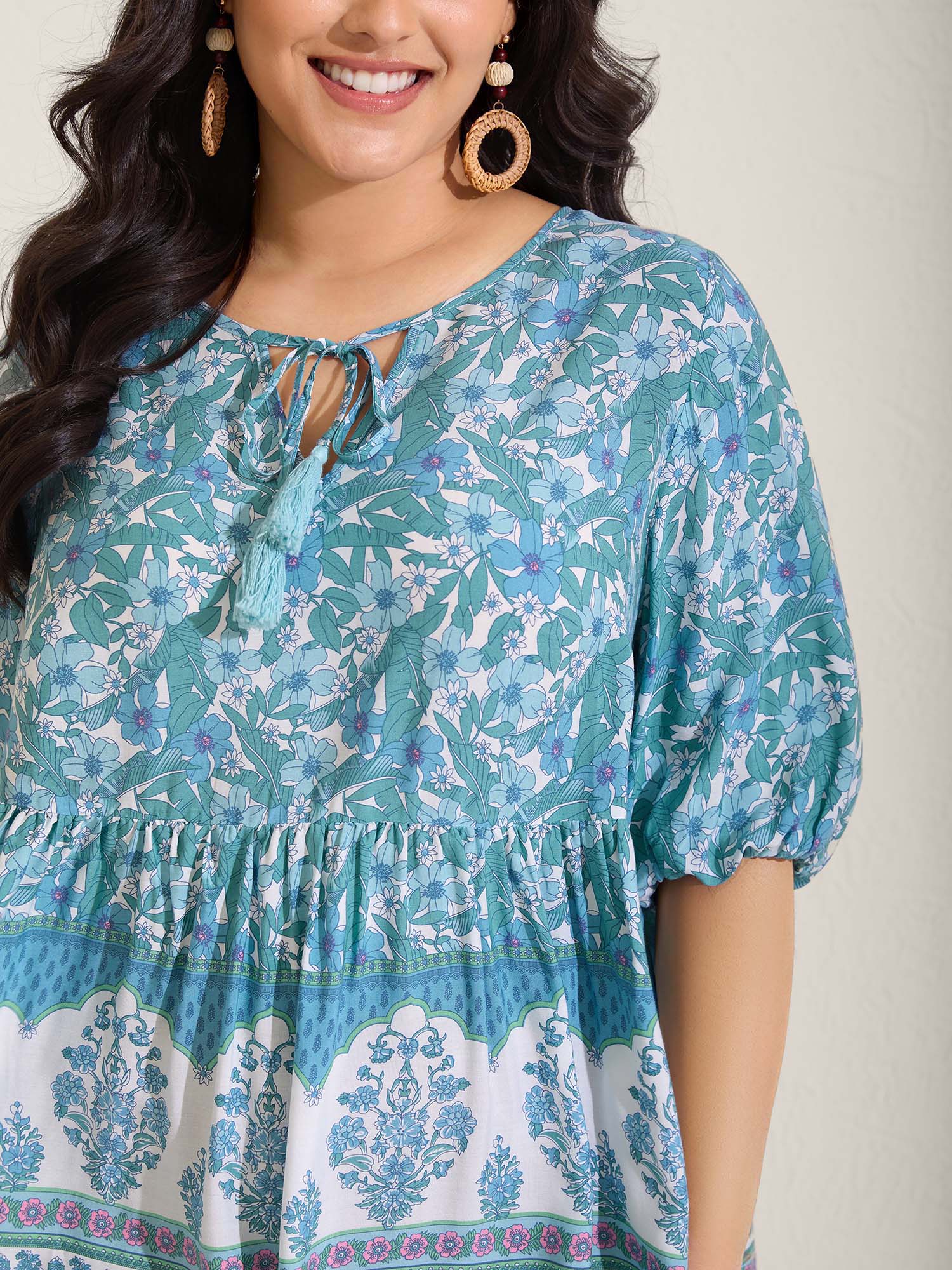 Boho Floral Print Color Contrast Blouse