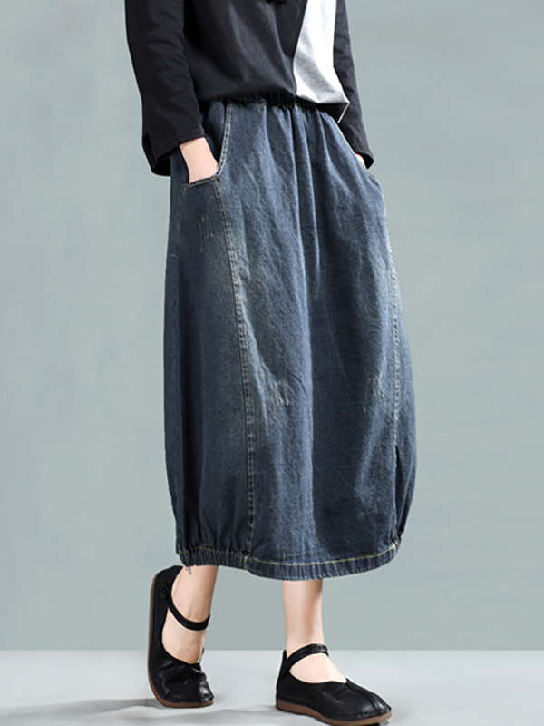 Vintage Loose A-Line Elasticity Solid Color Skirts Bottoms