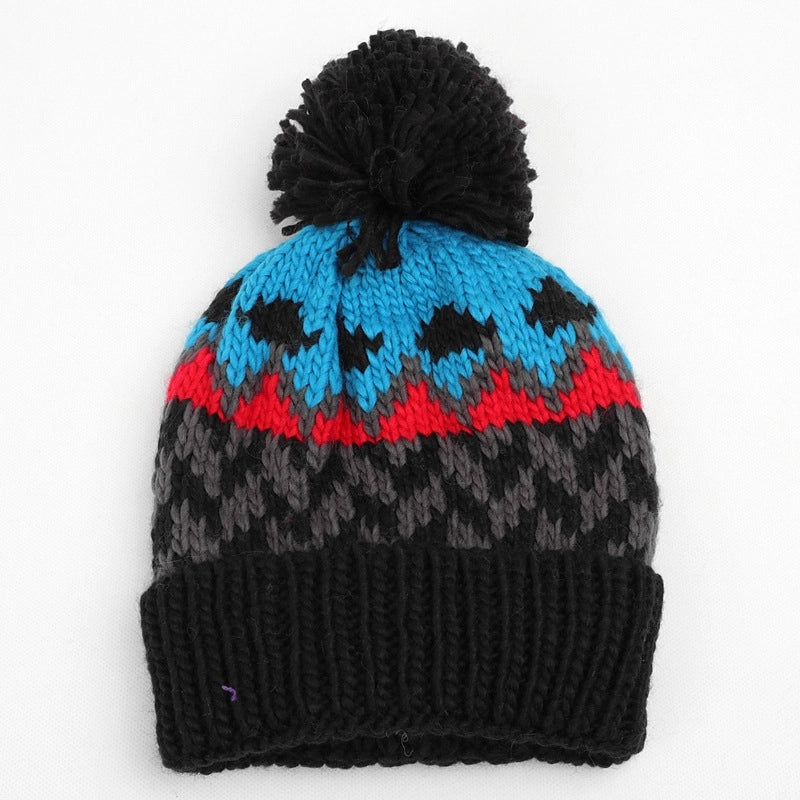 Unisex Retro Ethnic Style Color Block Pom Poms Eaveless Wool Cap