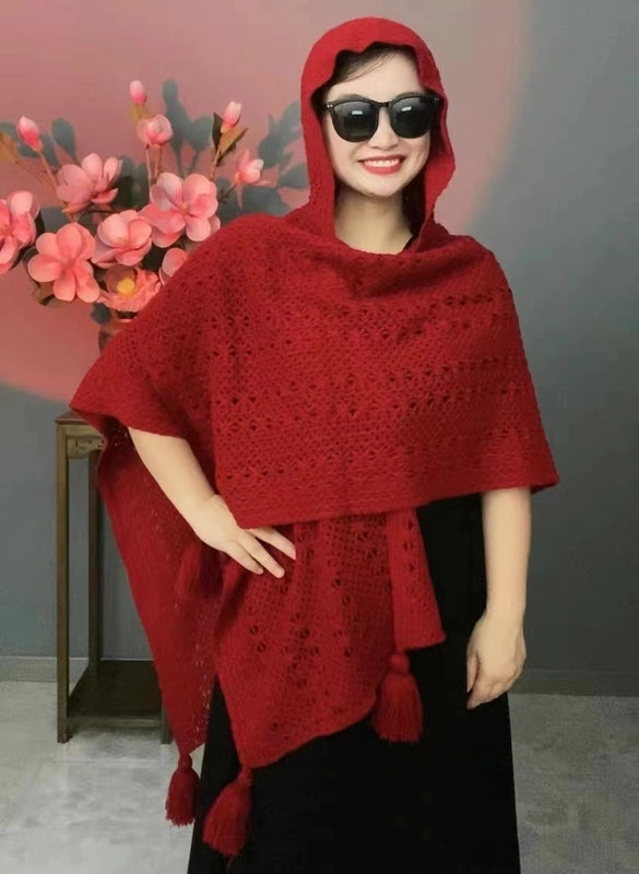New Autumn And Winter Hooded Butterfly Flower Solid Color Knitted Hollow Temperament Warm Shawl Retro Travel Outerwear