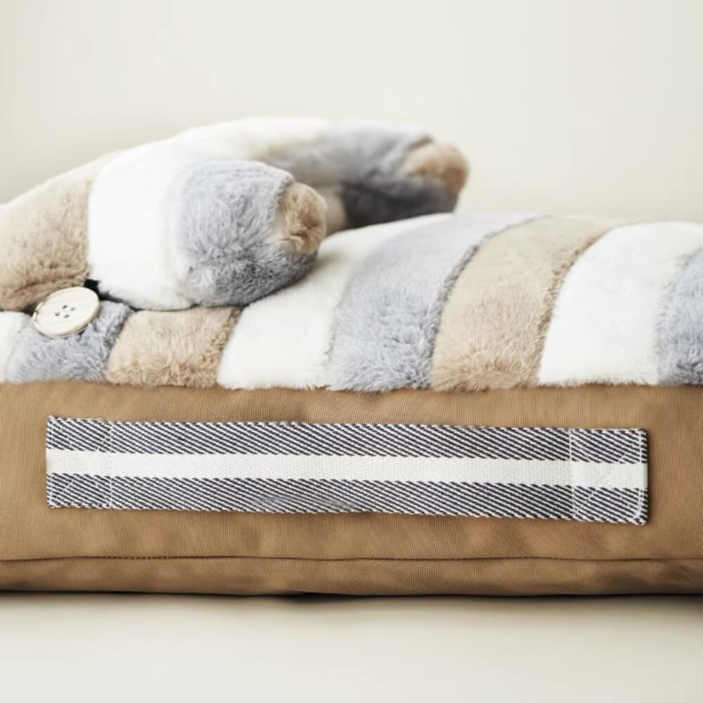 Deluxe Striped Plush Calming Bed Dog Bed with Pillow