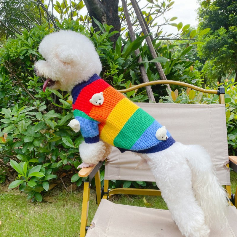 Bear Decor Multi-color Striped Dog Cat Sweater
