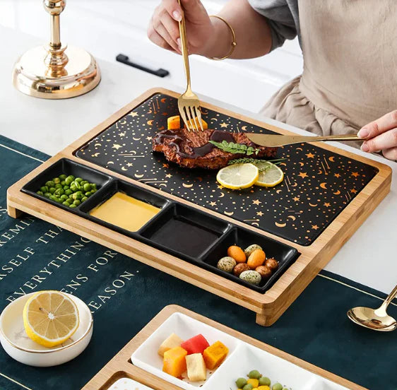 Marble Style Steak Plate With Bamboo Base