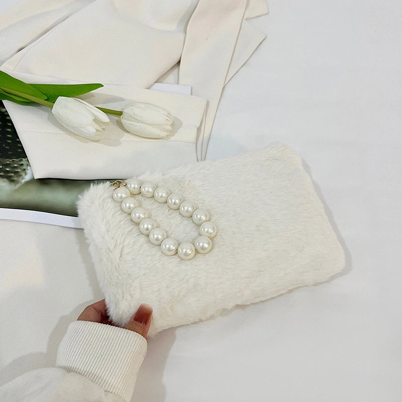 Black Brown White Plush Solid Color Beading Pearls Square Clutches