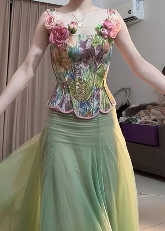 Fashion Green Floral Tops And Skirts Tulle Two Pieces Set Summer