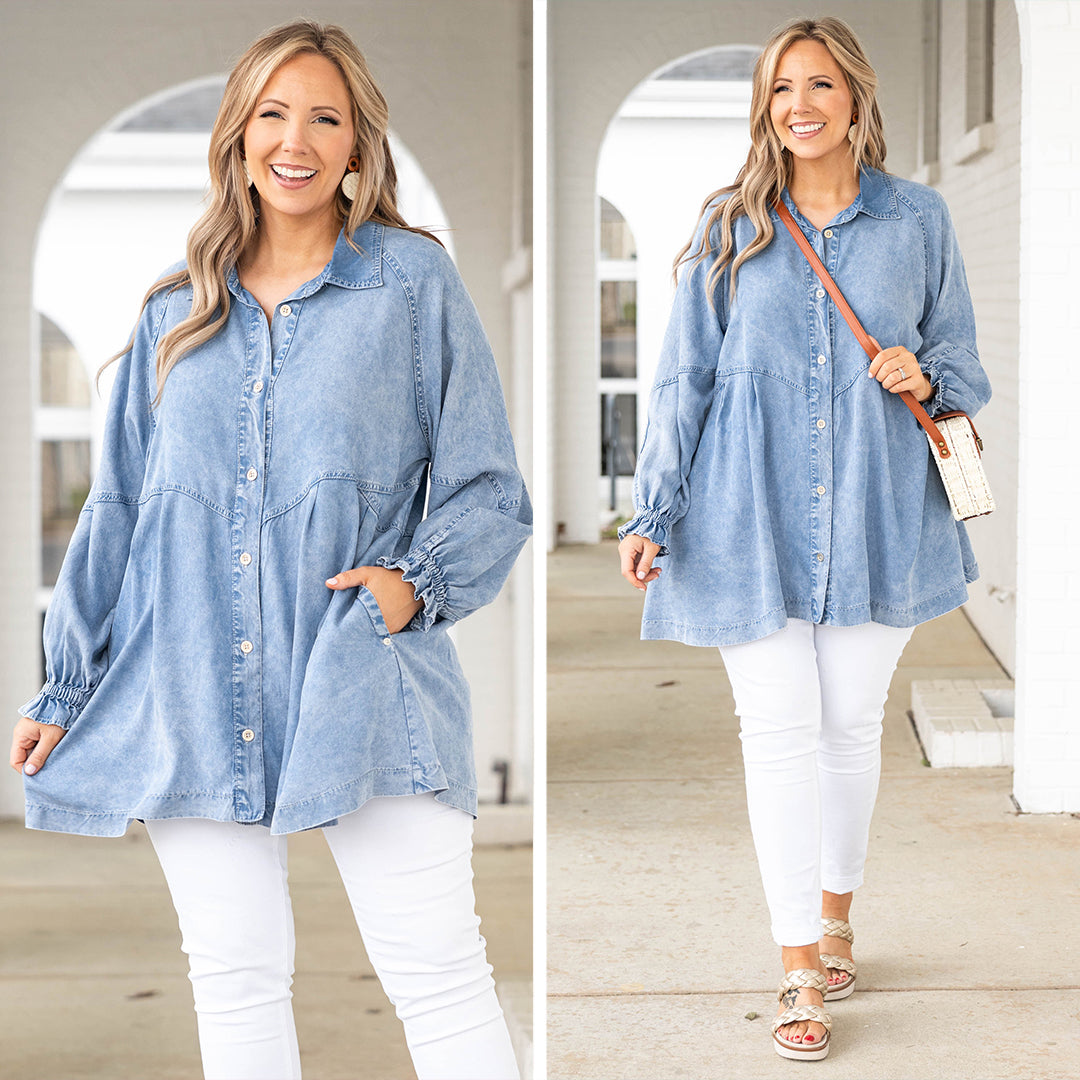 Chambray Chic Top. Acid Wash