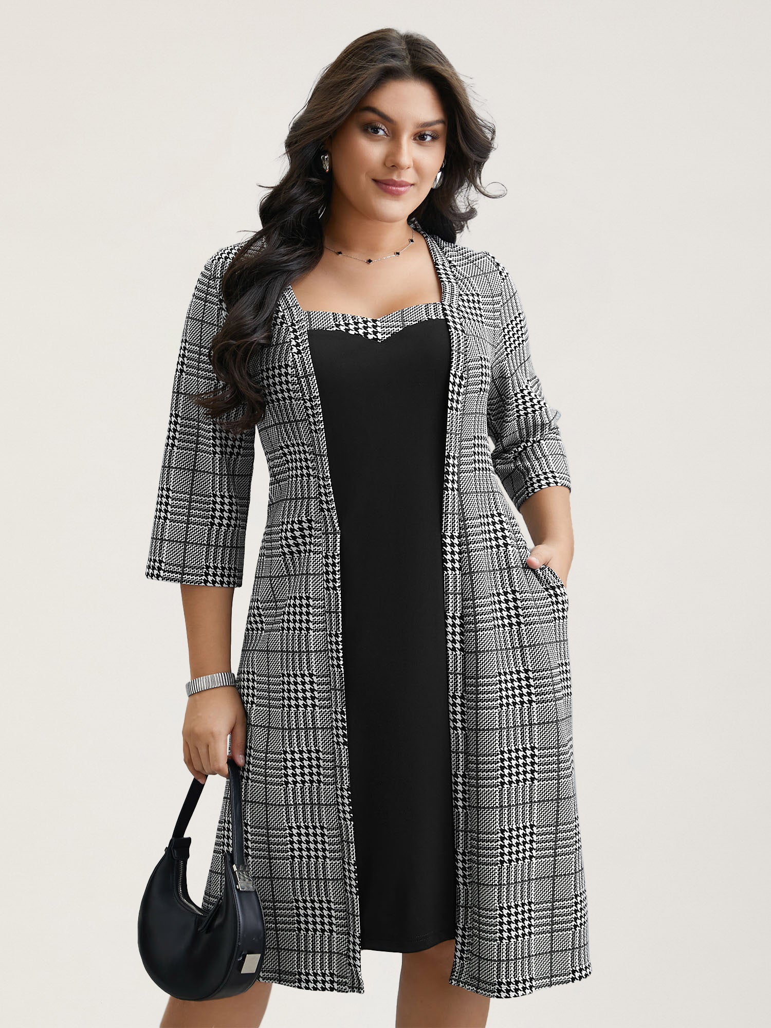 Houndstooth Print Waist-Cinched Patchwork Midi Dress