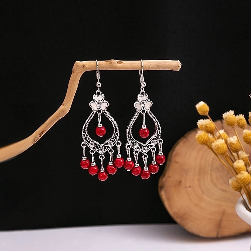 Bohemian Blue Turquoise National Style Earrings Imitation Miao Silver Metal Earrings Vintage Tassel Earrings