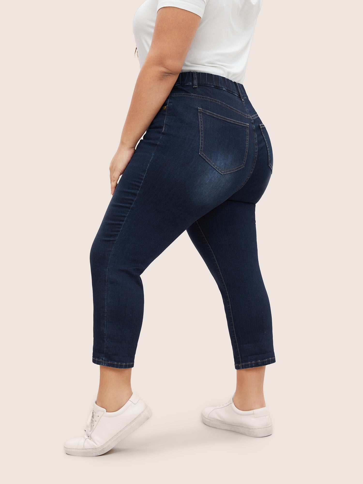 Dark Wash Elastic Waist Roll Hem Jeans