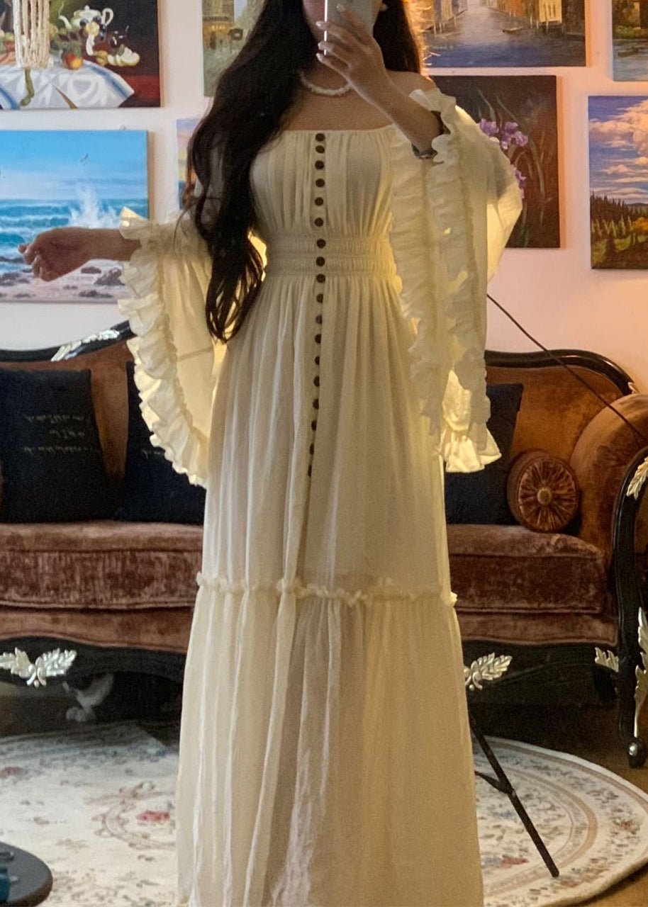Elegant White Ruffled High Waist Cotton Maxi Dress Flare Sleeve
