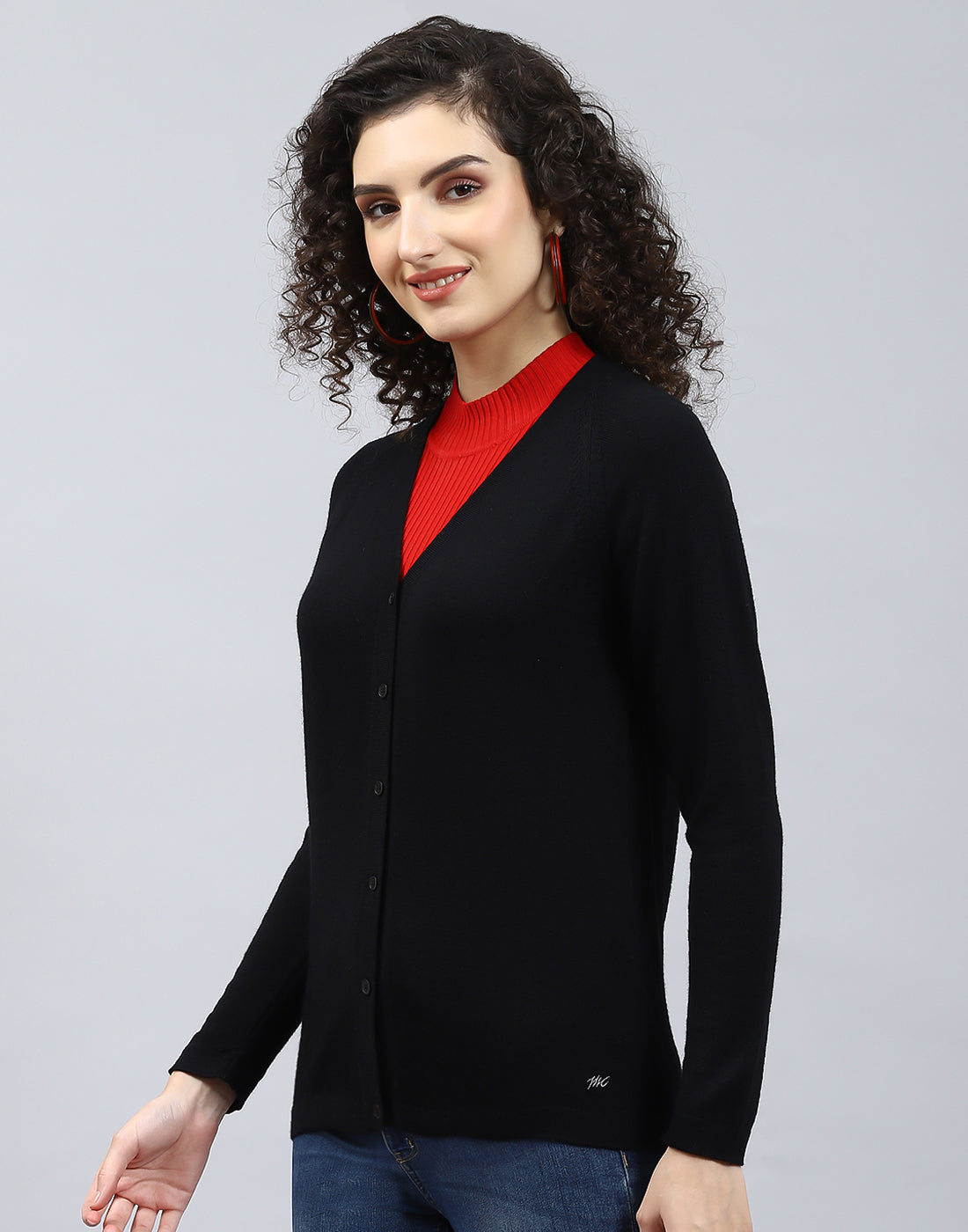 Women Black Solid V Neck Full Sleeve Cardigan
