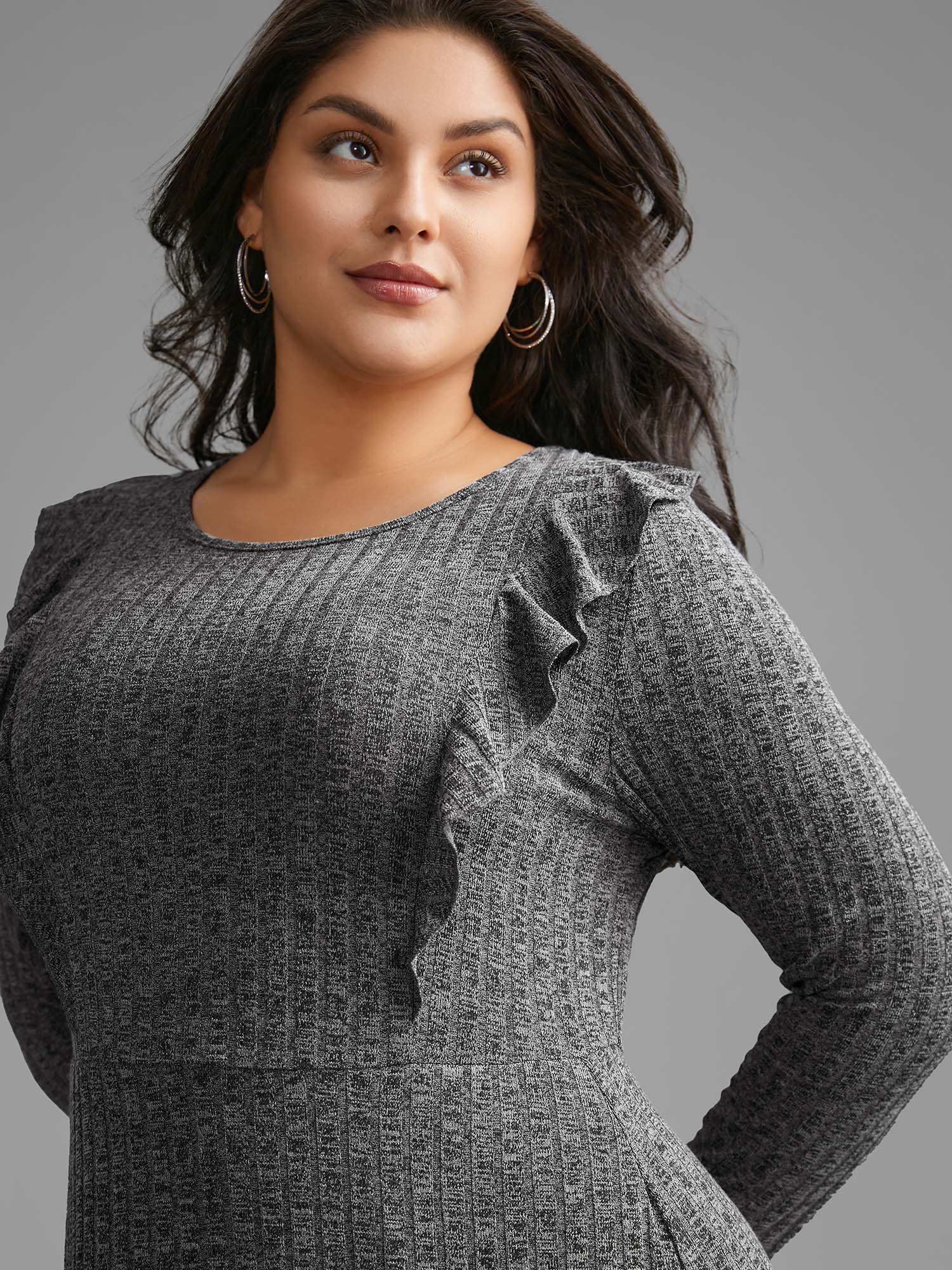 Crew Neck Ruffle Trim Knit Dress