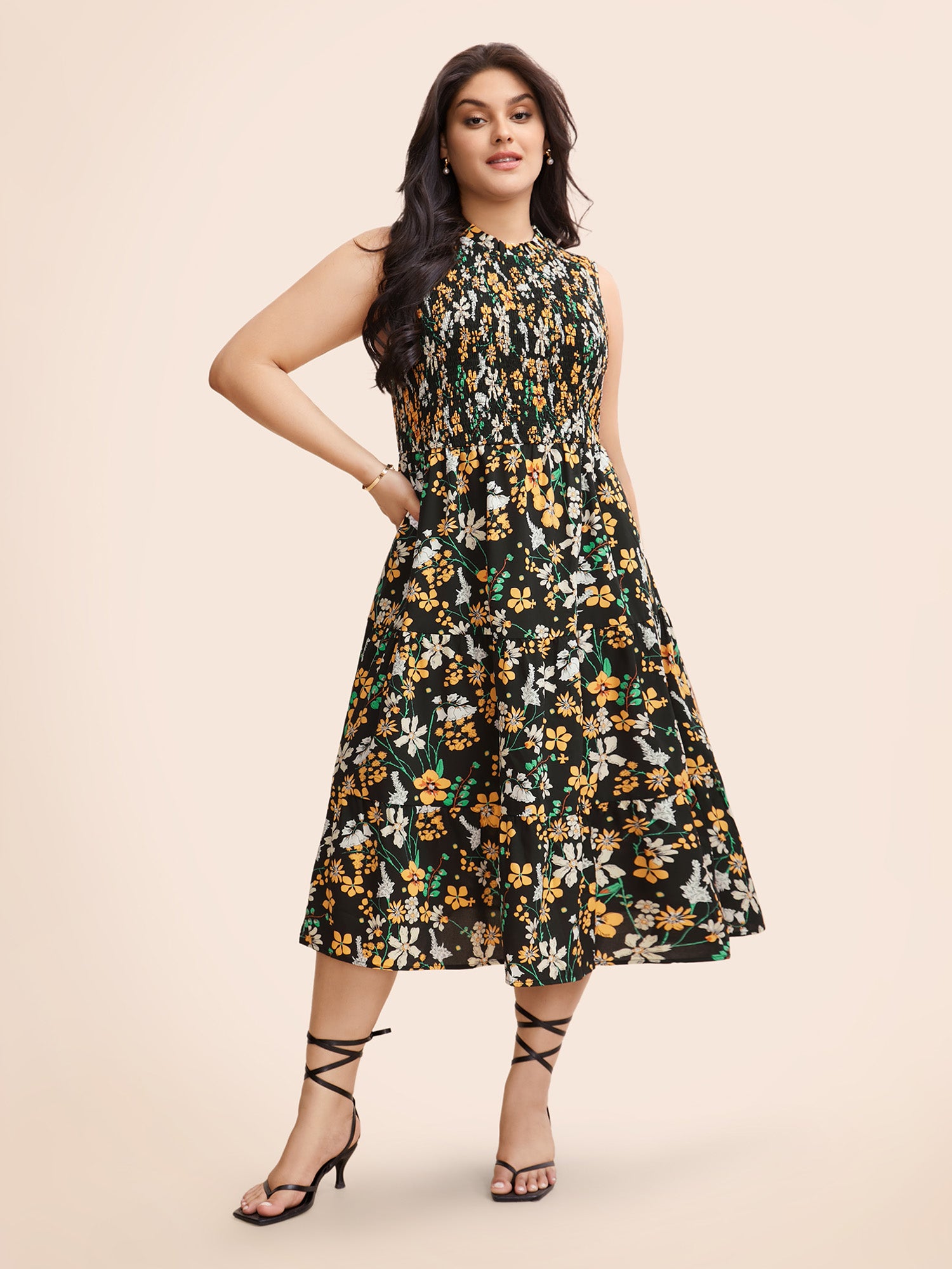 Floral Shirred Mock Neck Cut Out Pocket Ruffle Hem Dress