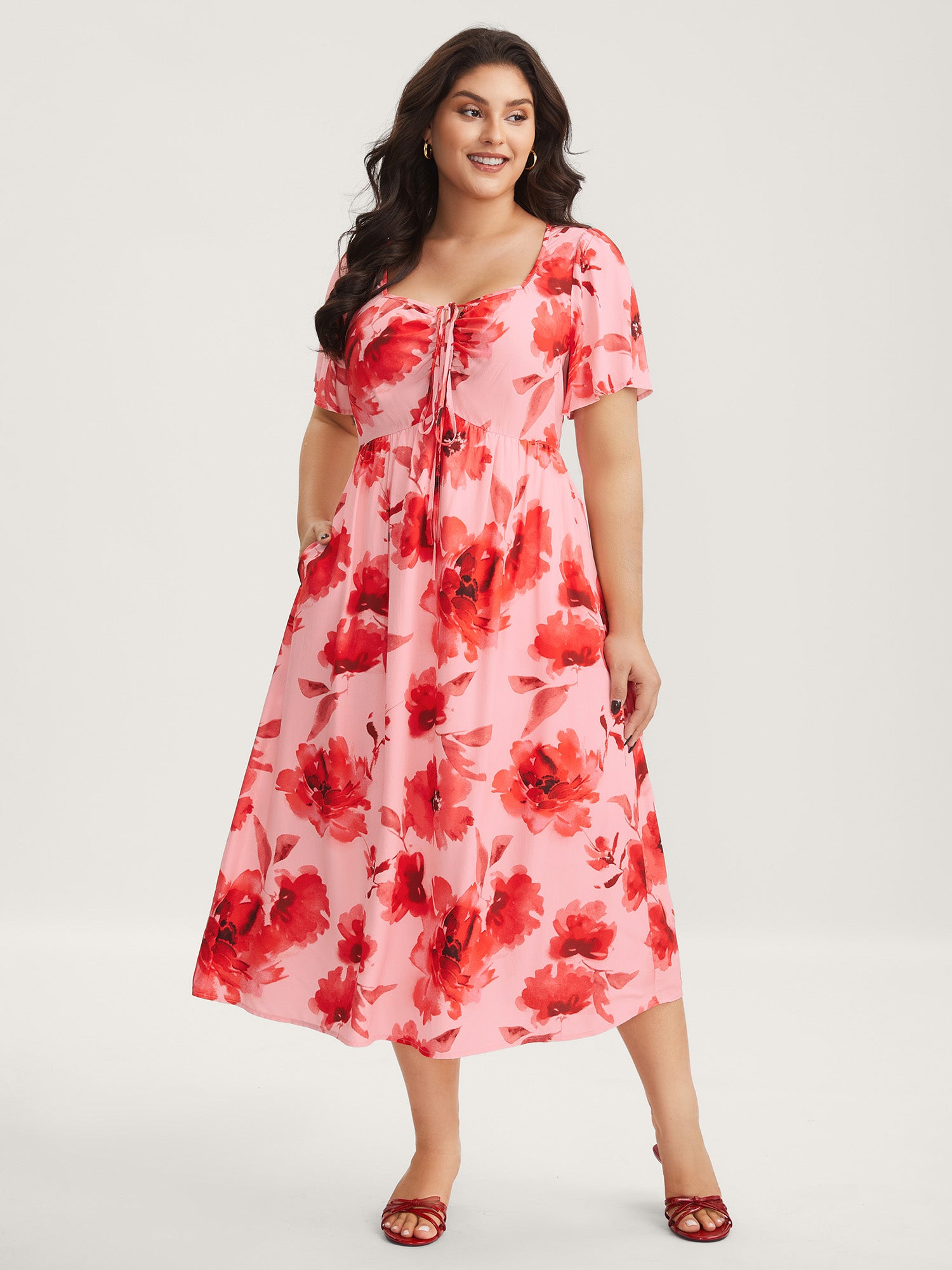 Rayon Romantic Floral Print Drawstring Midi Dress