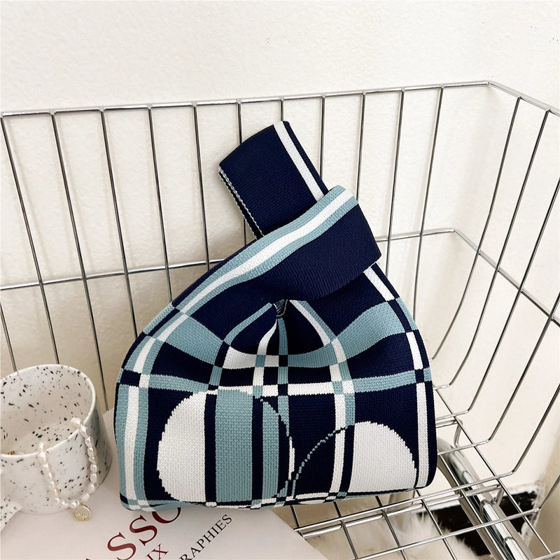 Women's Small Knit Houndstooth Stripe Butterfly Classic Style Square Open Handbag